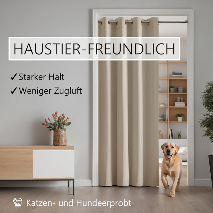 Türvorhang mit Teleskopstange, einfache Montage in nur 1 Minute ohne Bohren (Türvorhang beige + Stan