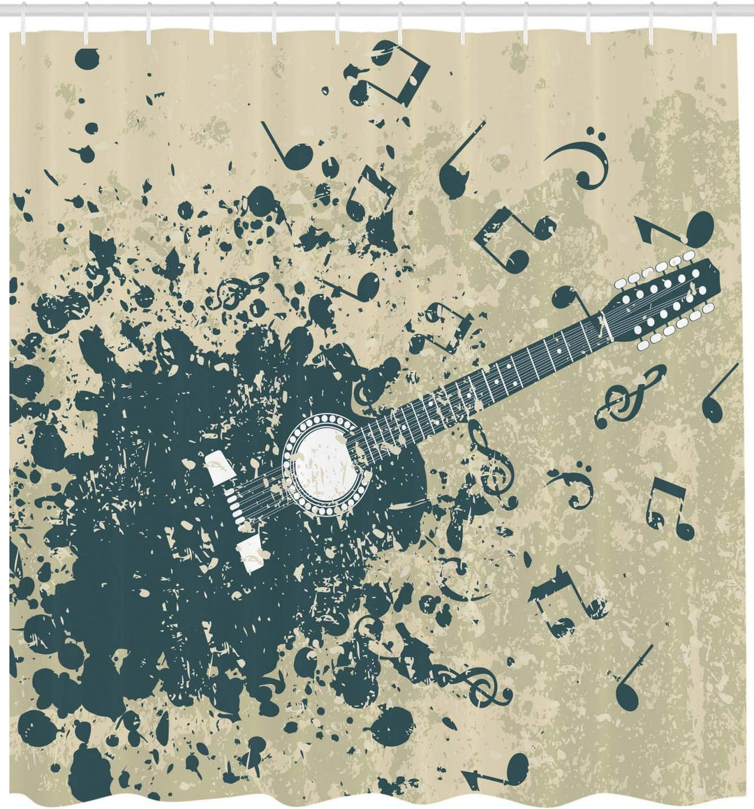 ABAKUHAUS Musik Duschvorhang, Akustikgitarre Hinweise, Stoffliches Gewebe Badezimmerdekorationsset m