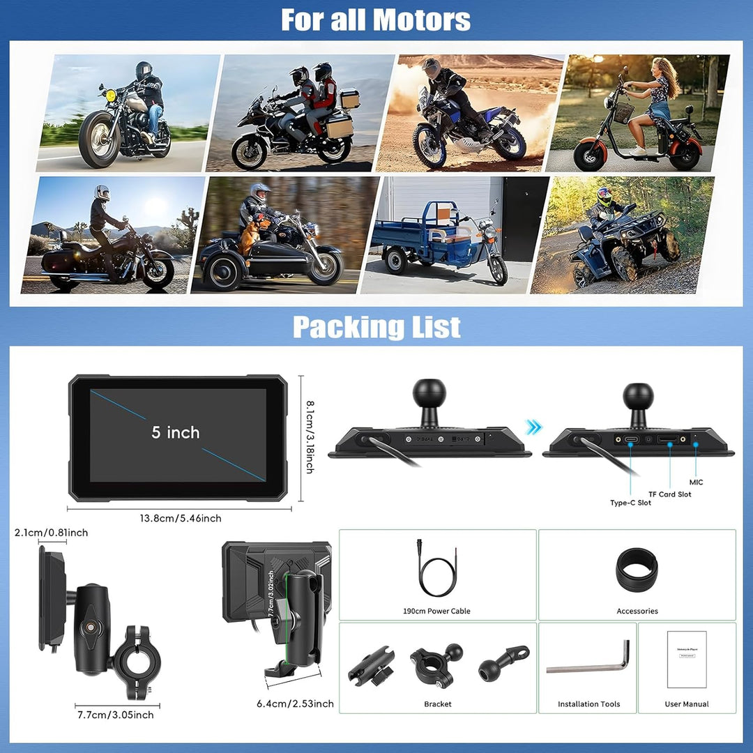SIXWIN Motorrad Carplay Display für Moto mit Wireless Carplay Android Auto, 5'' HD Touchscreen Bilds