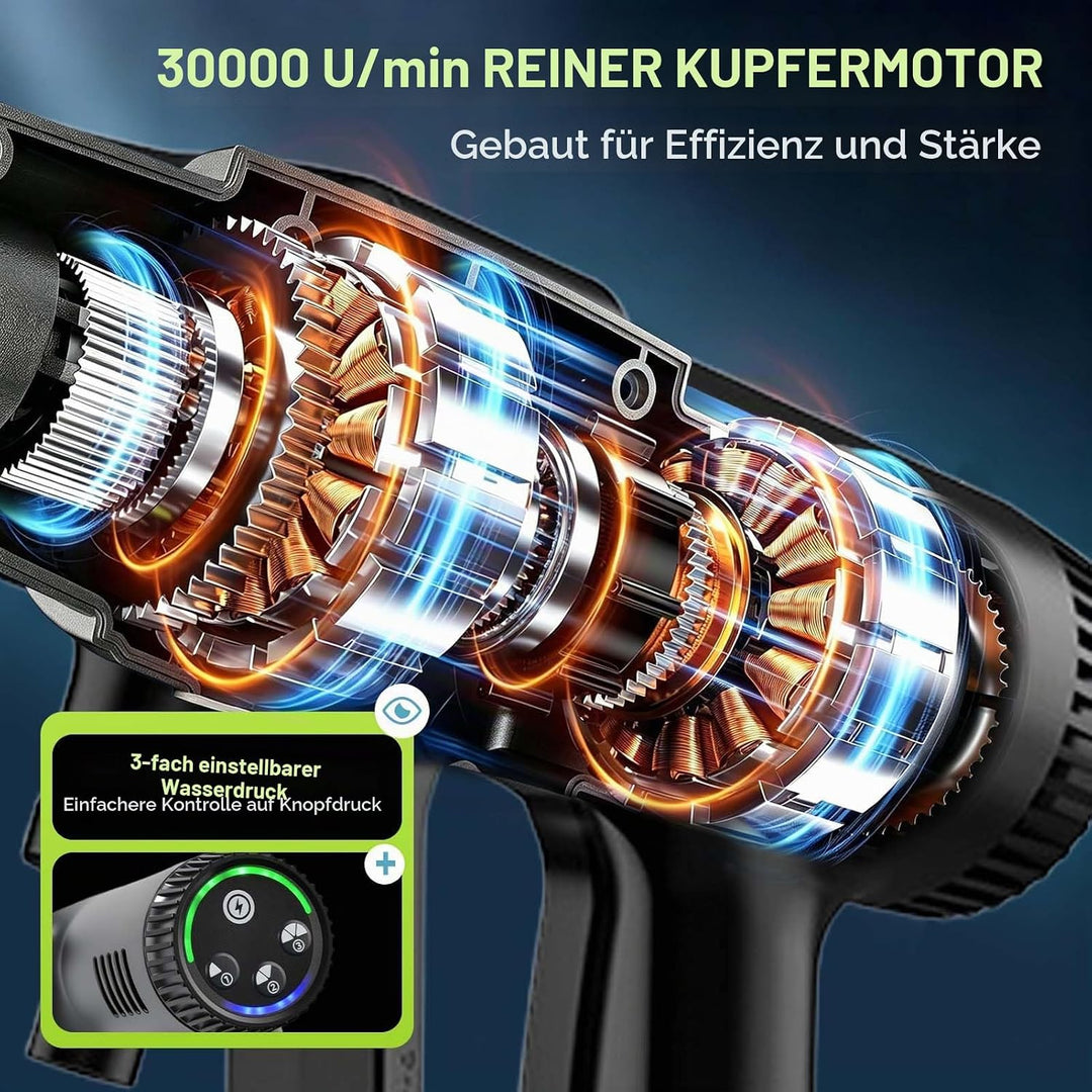Akku Hochdruckreiniger, 60 Bar/870 PSI Mobiler Hochdruckreiniger, 2x4,0AH IPX7 Akkus, 6-in-1-Düse un