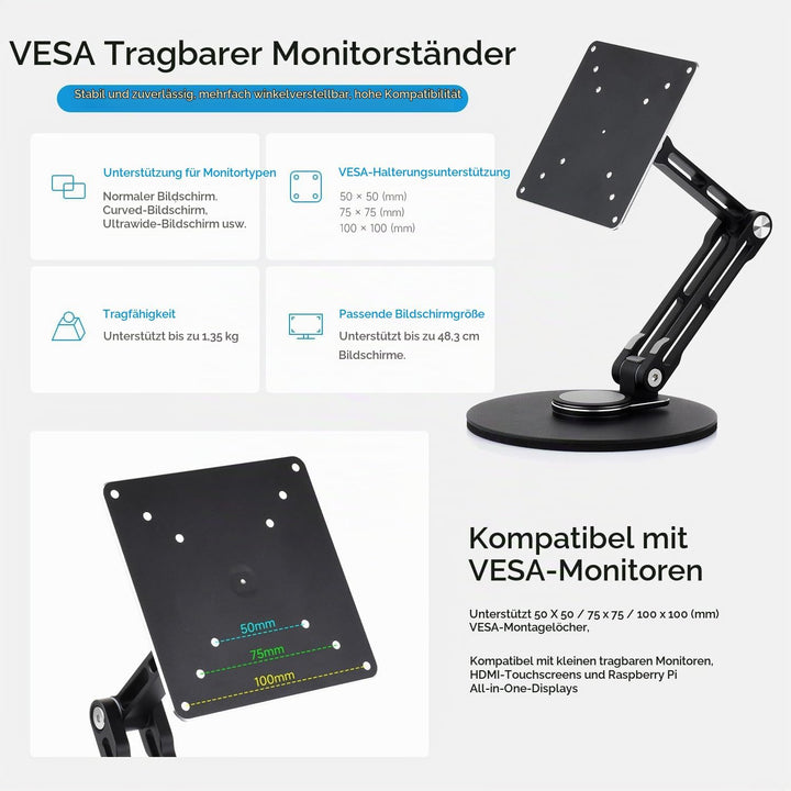 Waveshare VESA Portable Monitor Adjustable Stand, Compatible with Monitors Up to 19 Inches, Multi-Ax