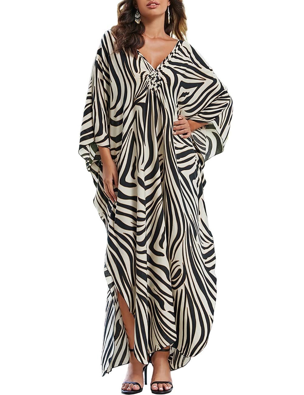 Bsubseach Frauen Plus Grösse Kaftan Kleid Badeanzug Druck Kaftan Strand Cover Up Kleid Beige Zebra,