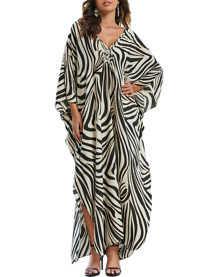 Bsubseach Frauen Plus Grösse Kaftan Kleid Badeanzug Druck Kaftan Strand Cover Up Kleid Beige Zebra,