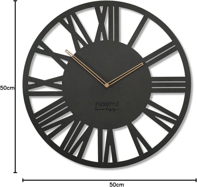 FLEXISTYLE Wanduhr gross Adulto 50cm Durchmesser LOFT Retro aus Holz Eiche ohne tickgeräusche Wohnzi