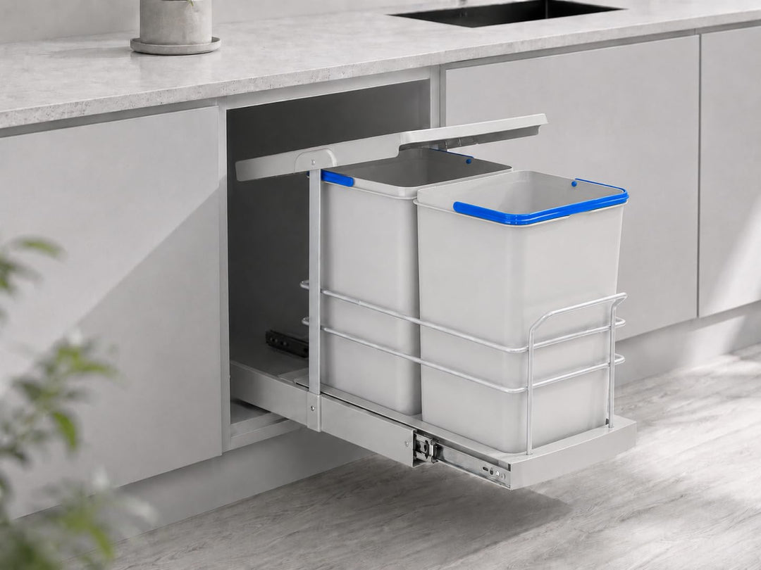 ROOMART Einbau-Mülleimer Küche ausziehbar 2x12L Mülltrennsystem Unterschrank Hellgrau Schwarz (Hellg
