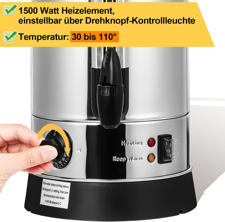 8L Glühweinkocher, Glühweinkocher mit Zapfhahn Thermostat,1500W Einkochautomat Edelstahl mit Wassers