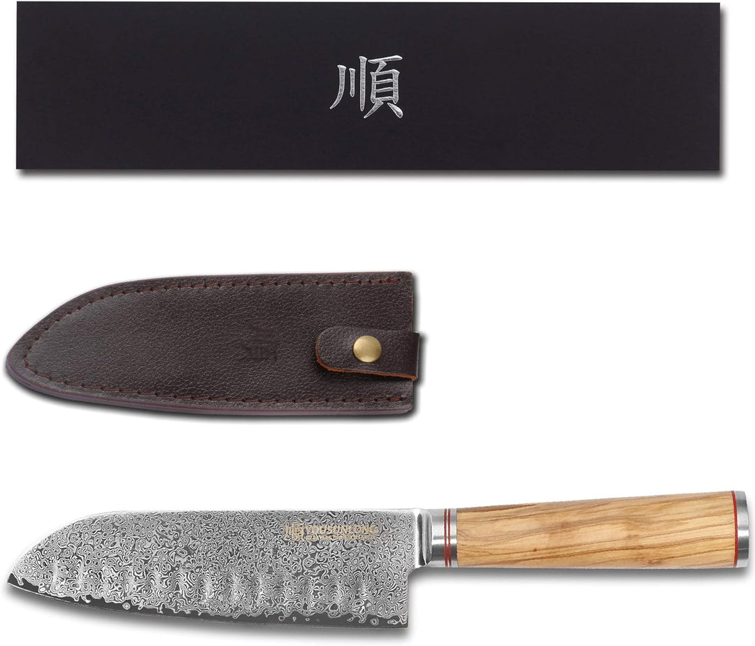 YOUSUNLONG Damastmesser Santokumesser, Klinge 17,00 cm Länge mit schwarzem Hammerschlag - sehr hochw
