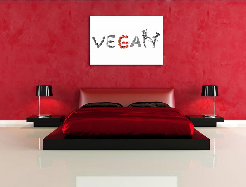 Schriftzug Vegan Gemüse schwarz/weiss Format: 100x70 cm auf Leinwand, XXL riesige Bilder fertig gera