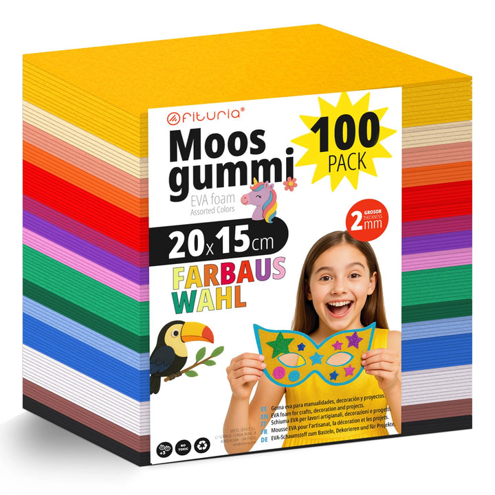 OFITURIA 100 Blatt Moosgummi Set, Bunte Farben, Format 20x15 cm – Ideal für Bastelprojekte, DIY, Sch