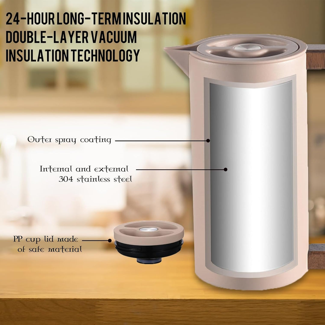 Thermoskanne Kaffeekannen Edelstahl Vakuum Isolations, Mit Holzgriff Und Einfachem Sicherheitsdruckk