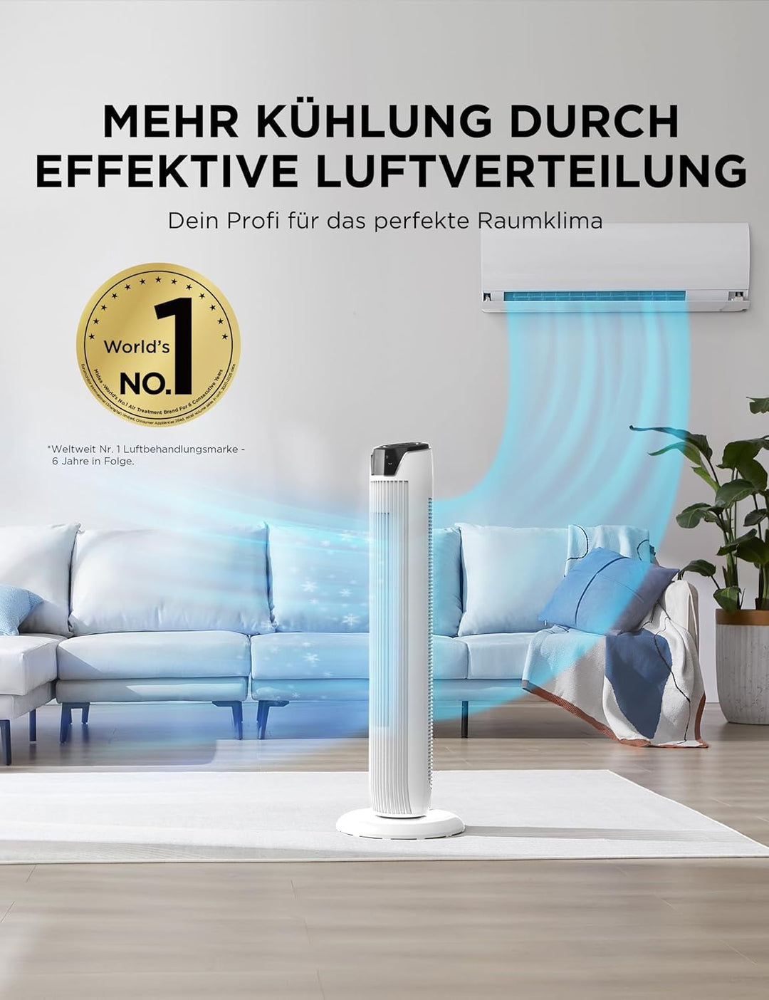 Midea FZ10-17JR(WH) Turmventilator Leise mit Fernbedienung 92CM, mobiler Lüfter,Ventilator Säulenven
