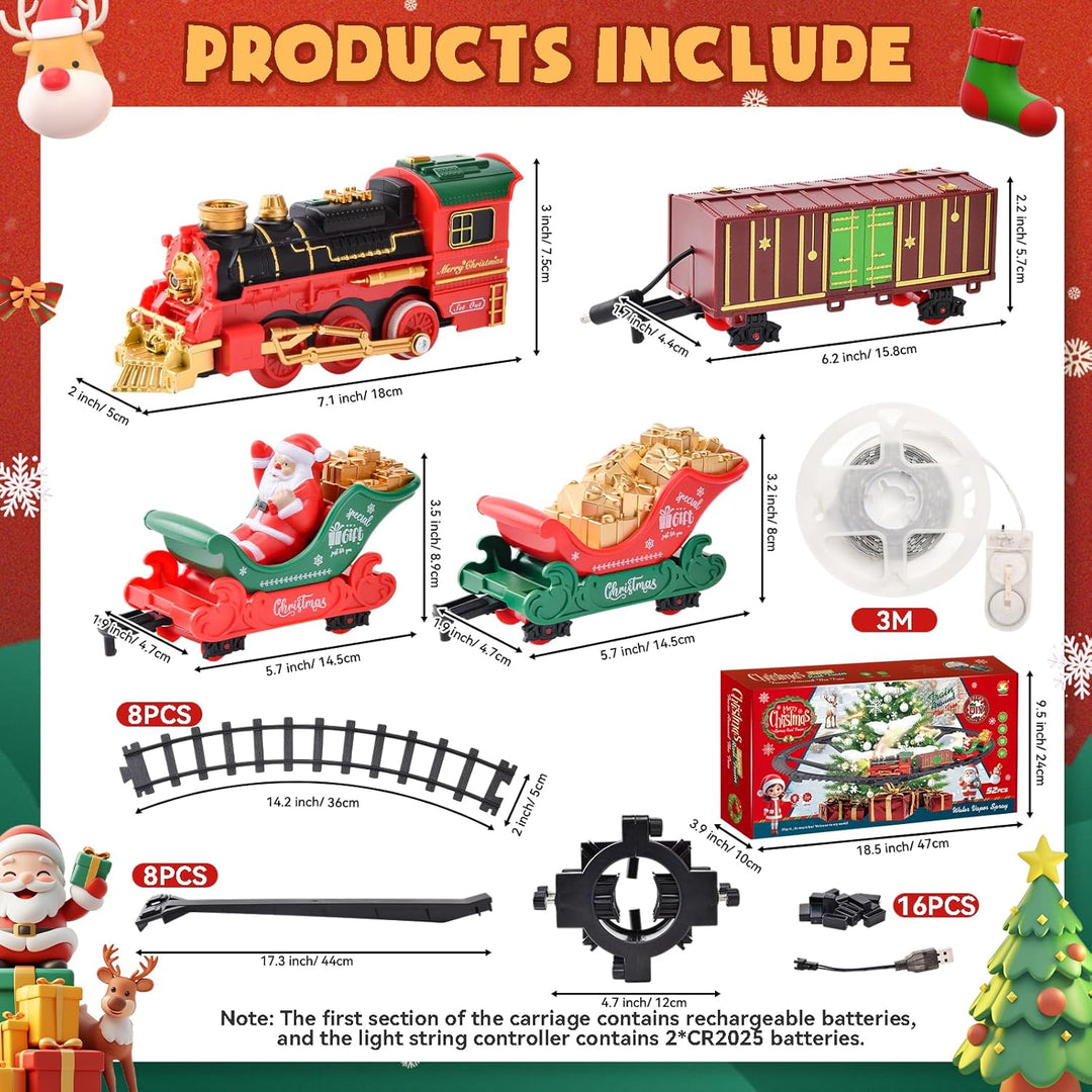 Weihnachtsbaum Zug, Klassisches Weihnachtszug-Set für Kinder mit Warmweiss LED-Lichterkette, Spray u