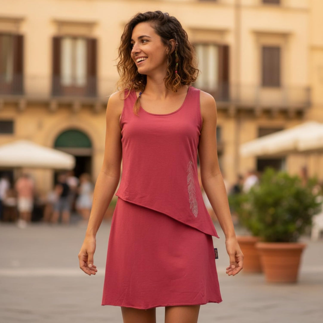 GURU SHOP Minikleid aus Bio-Baumwolle im Lagenlook, ärmelloses Kleid mit Federdruck, Damen 42 Paprik