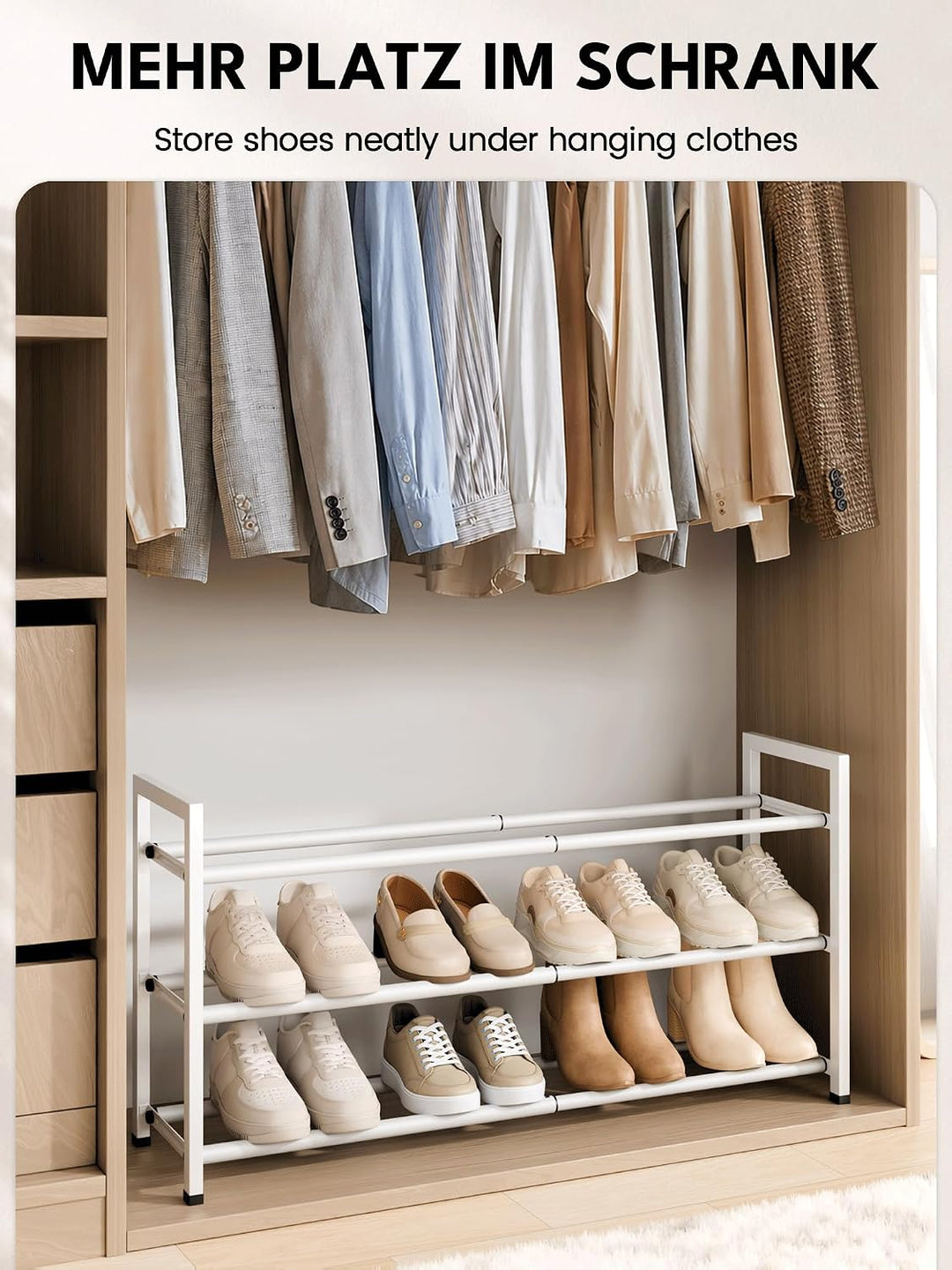 Bumusty Schuhregal 3 Etagen Ausziehbar, 45 bis 83 cm Verstellbar Metall Schuhablage, für kleine Räum