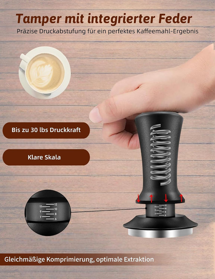 Kaffee Tamper 53mm federbelastet, Espresso Tamper mit 30lbs konstantem Druck, 304 Edelstahl Gewindeb