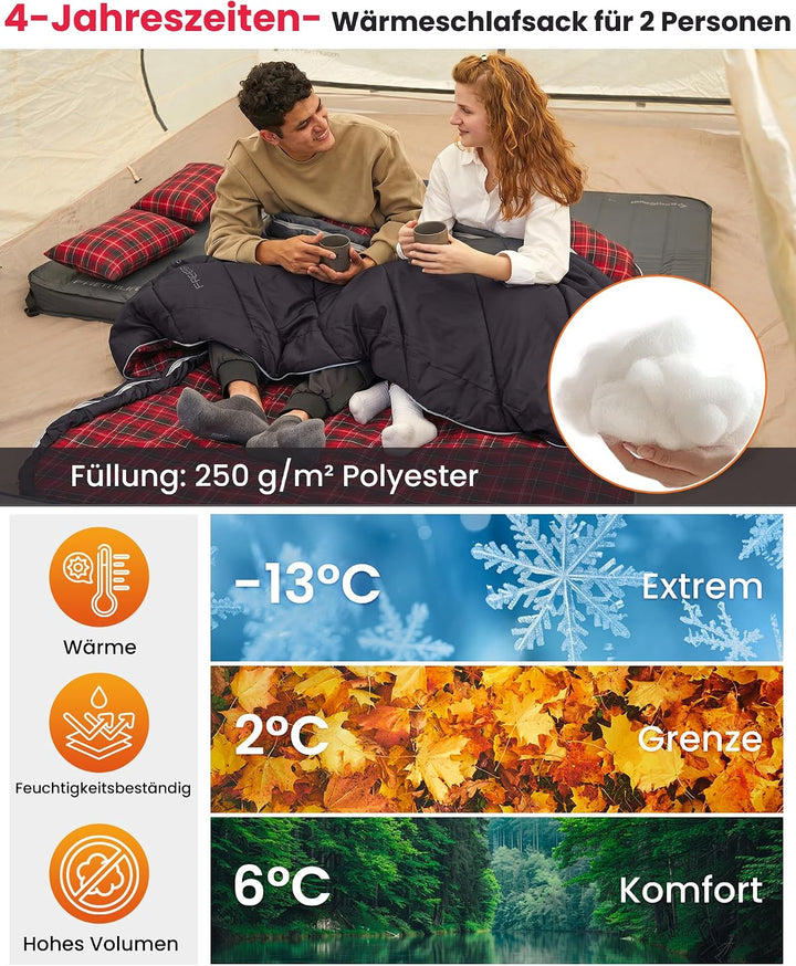 KingCamp Doppelschlafsack Baumwolle Flanell Winter Schlafsack 2 Personen Warmer Deckenschlafsack 3-4