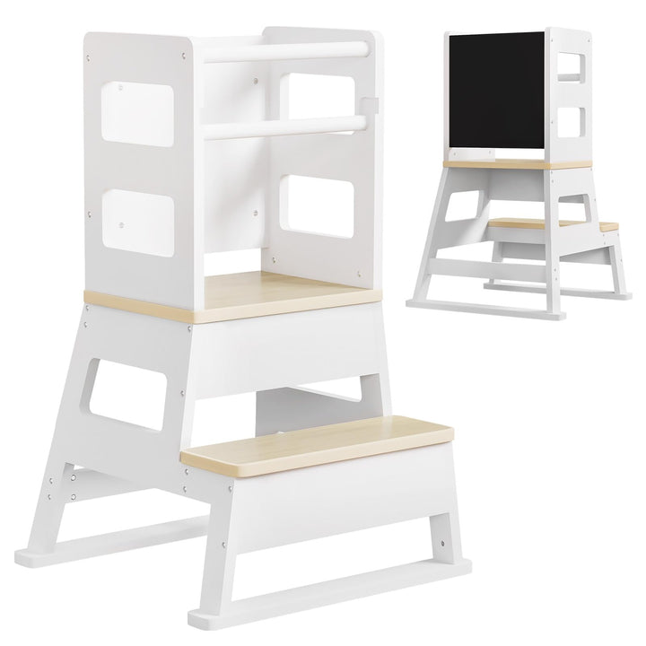 Yorbay Kinder Lernturm ab 1 Jahr: Stylisch Learning Tower mit Tafel - Massiv Montessori Lernturm Kin
