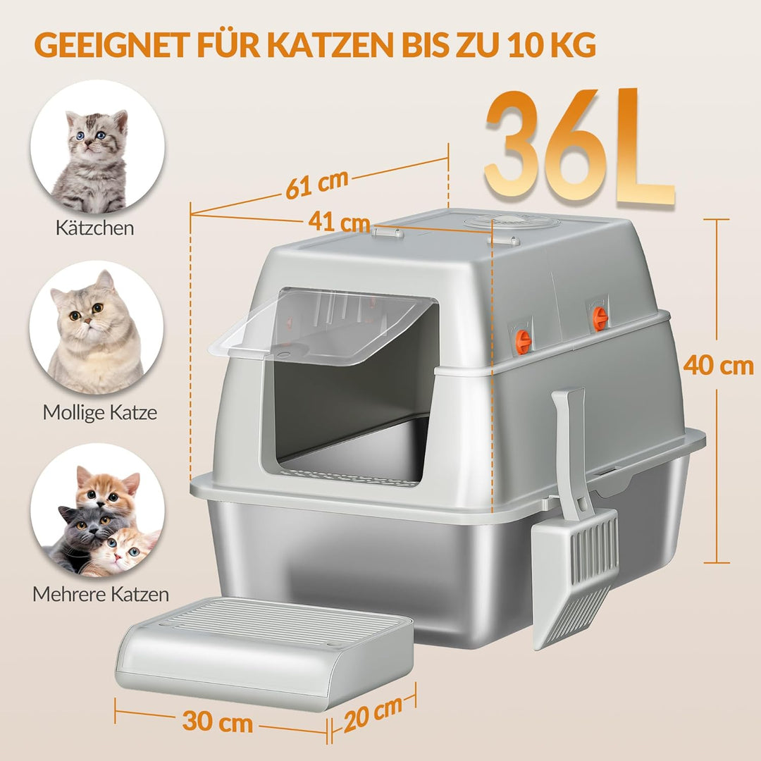 Edelstahl-Katzenklo mit Deckel, Geschlossene Katzentoilette, 180° Klappdeckel, Inklusive Pedal und S