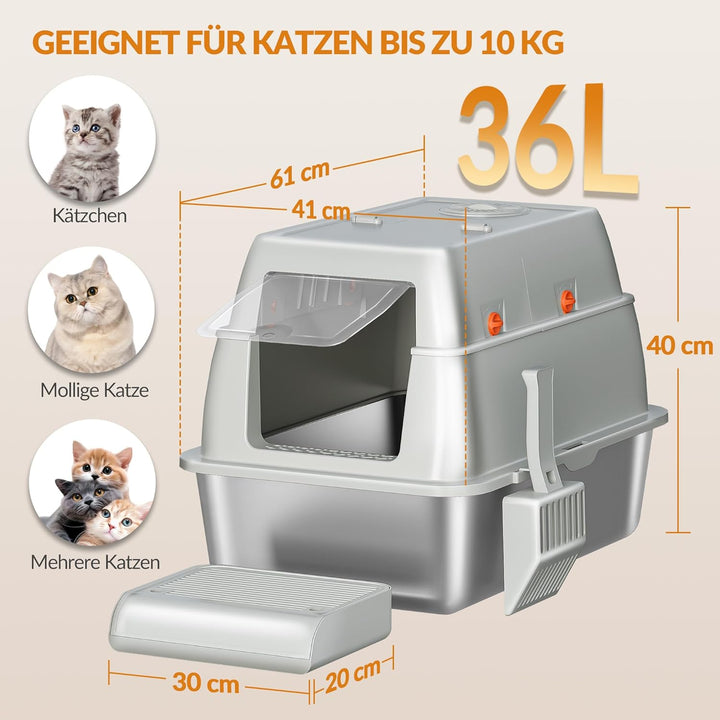 Edelstahl-Katzenklo mit Deckel, Geschlossene Katzentoilette, 180° Klappdeckel, Inklusive Pedal und S