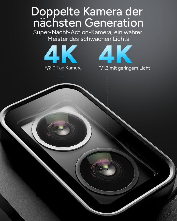 SJCAM SJ20 Action Kamera 4K – Dual-Lens Sportkamera mit 8H Selfie-Stick, Supernachtmodus, HDR, 8X Zo