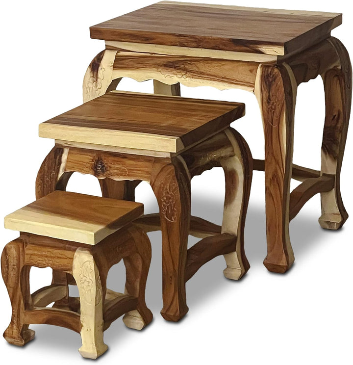 livasia Hoher Opiumtisch im 3er Set | Massivholz Beistelltisch | Asiatische Blumenhocker | Couchtisc