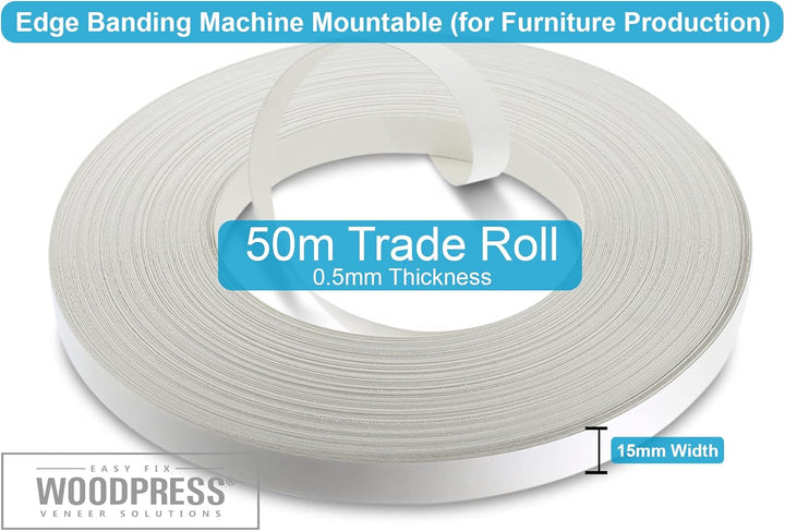 WoodPress® 15mm Mattweisse Melamin Kantenumleimer mit Schmelzkleber – 50m Industrielle Rolle – Einfa