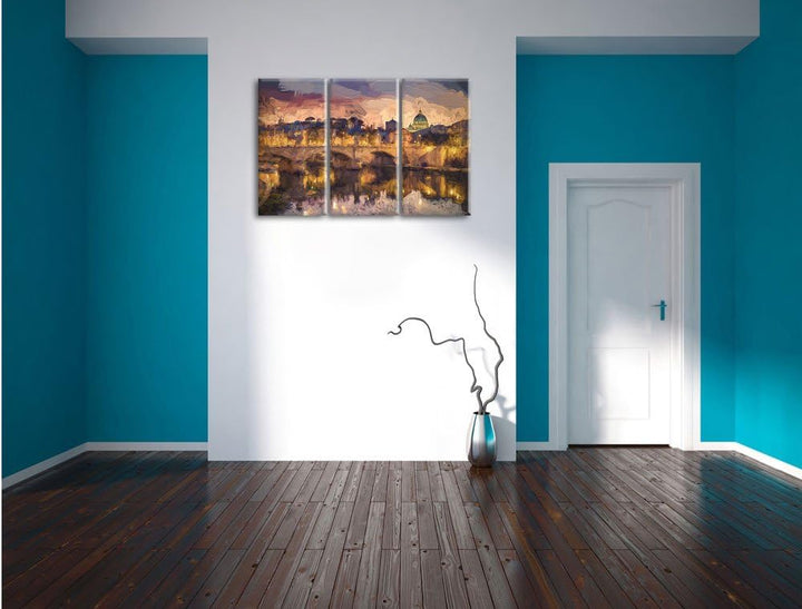 Pixxprint Rom an der Tiber in Richtung Kathedrale St. Peter Kunst Pinsel Effekt 3-Teiler Leinwandbil