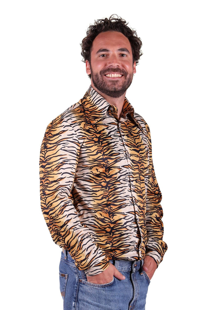 Herren Hemd mit Tiger Print Tiger King Lude Zuhälter Joe Exotic Brauntöne Tigermuster S Braun/Schwar