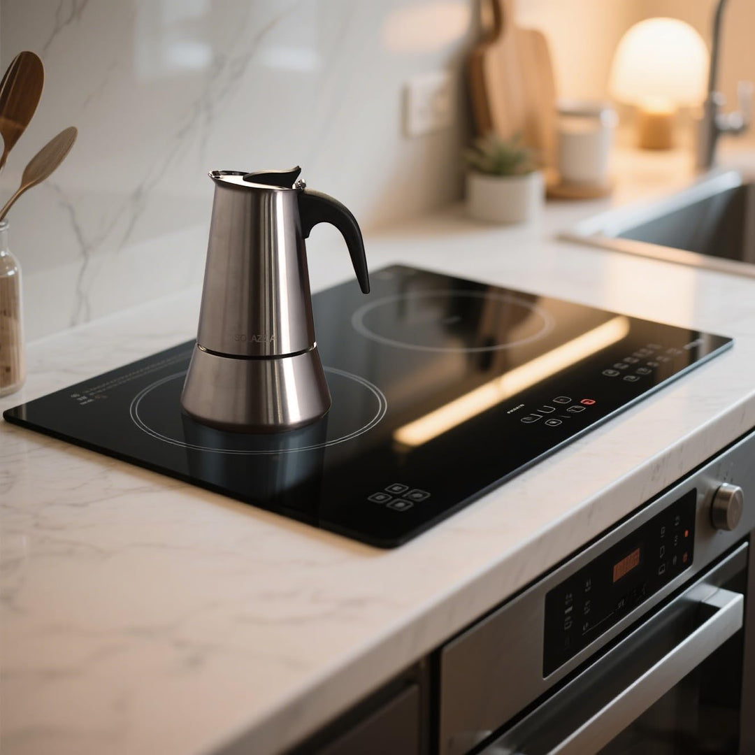 Espressokocher aus Edelstahl, Induktion, 4 Tassen, 200 ml, für alle Herdarten geeignet, Glaskeramik-