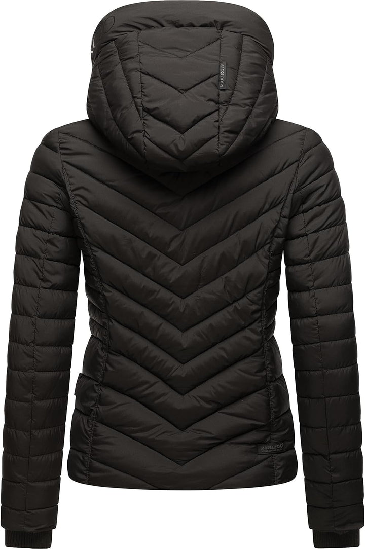 MARIKOO Damen Übergangsjacke leichte Steppjacke kurz mit Abnehmbarer Kapuze Kagomee XS-XXL XL Schwar