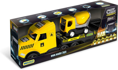 Wader 36460 - Magic Truck Tieflader mit Betonmischer, Absperrgittern und Rampen, ab 3 Jahren, ca. 79
