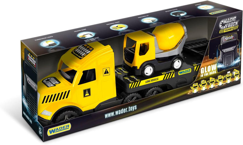 Wader 36460 - Magic Truck Tieflader mit Betonmischer, Absperrgittern und Rampen, ab 3 Jahren, ca. 79