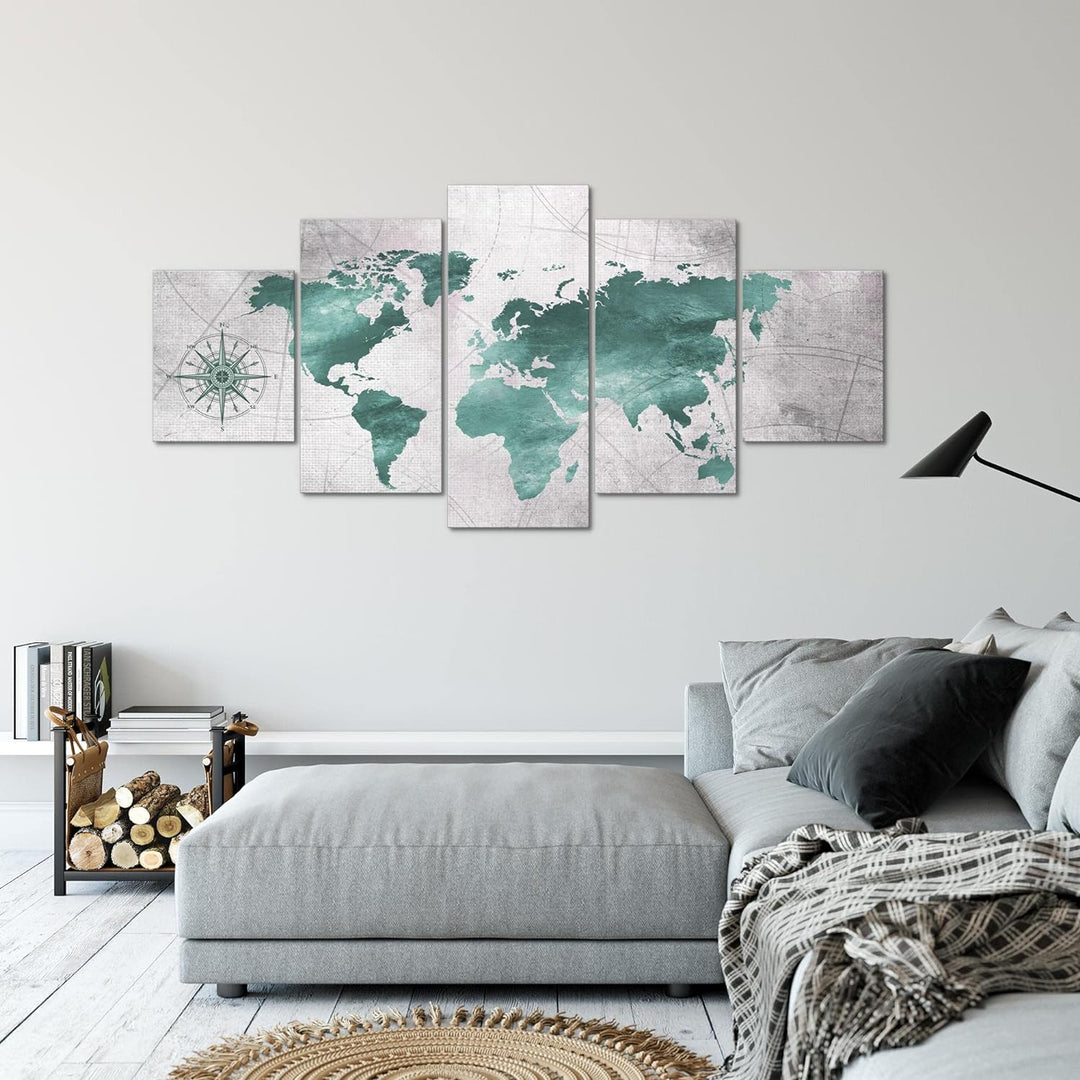 Runa Art - Bilder Weltkarte 200 x 100 cm 5 Teilig XXL Wanddekoration Design Grün Grau 026051c 200 x