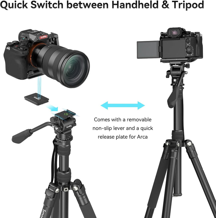 SMALLRIG 71" Videostativ mit Fluidkopf, Aluminium Kamerastativ, 360-Panorama Video Tripod für Reisen