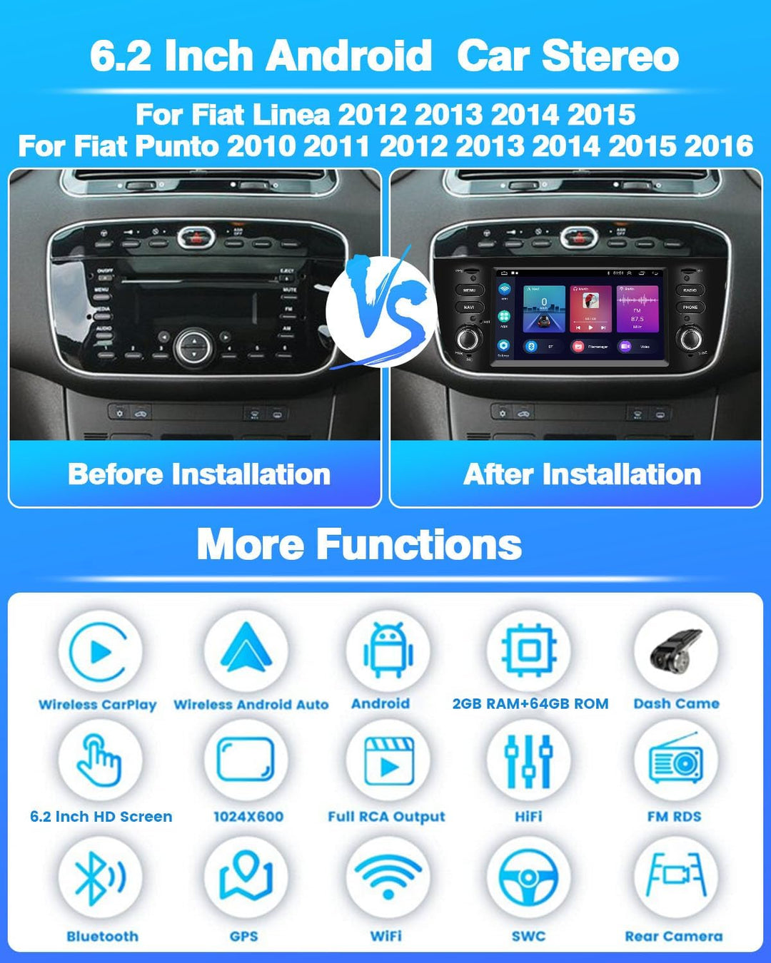 Hikity 2GB+64GB Android Autoradio Carplay für FIAT Punto (2010-2016) / Linea (2012-2015) 6,2" Touchs