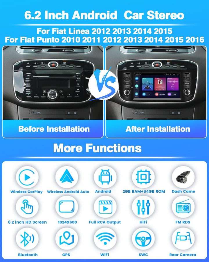 Hikity 2GB+64GB Android Autoradio Carplay für FIAT Punto (2010-2016) / Linea (2012-2015) 6,2" Touchs