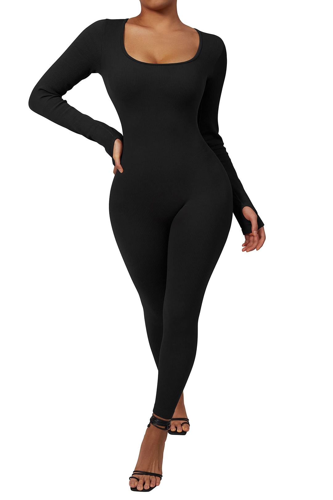 RXRXCOCO Gerippte Langarm Jumpsuits Damen Eng Square Neck Einteiler Bauchweg Sport Yoga Overall Romp