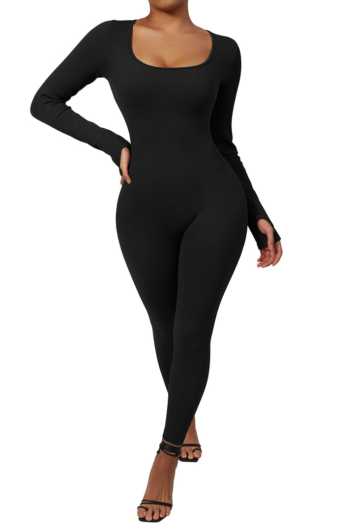 RXRXCOCO Gerippte Langarm Jumpsuits Damen Eng Square Neck Einteiler Bauchweg Sport Yoga Overall Romp
