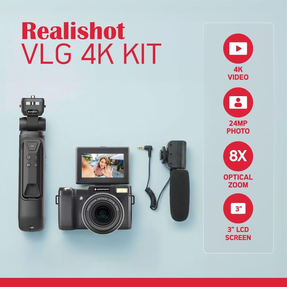 AGFA Photo Vlogging Kit VLG-4K Schwarz mit 8X optischem Zoom, Powerbank-Stativ, Fernbedienung, Mikro
