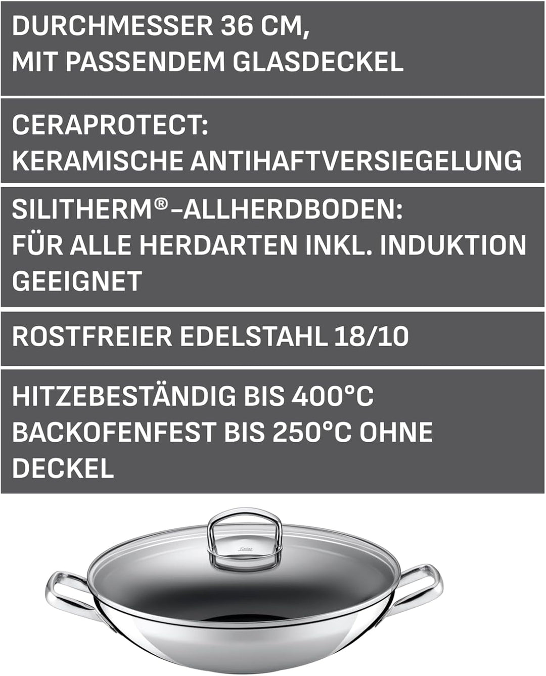 Silit Hongkong Wokpfanne Induktion 36 cm, mit Glasdeckel, Wok Edelstahl beschichtet, Keramikbeschich