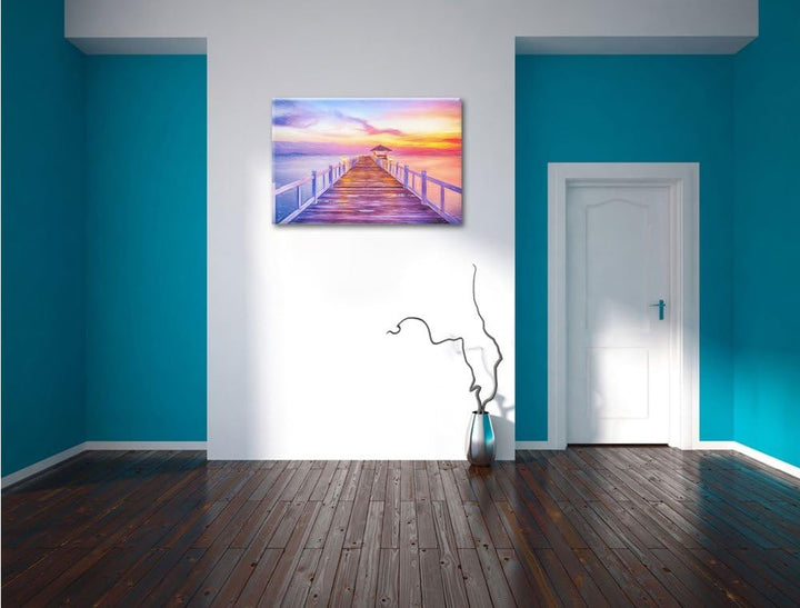 Pixxprint Steg ins Meer bei Sonnenuntergang als Leinwandbild/Grösse: 100x70 cm/Wandbild/Kunstdruck/f