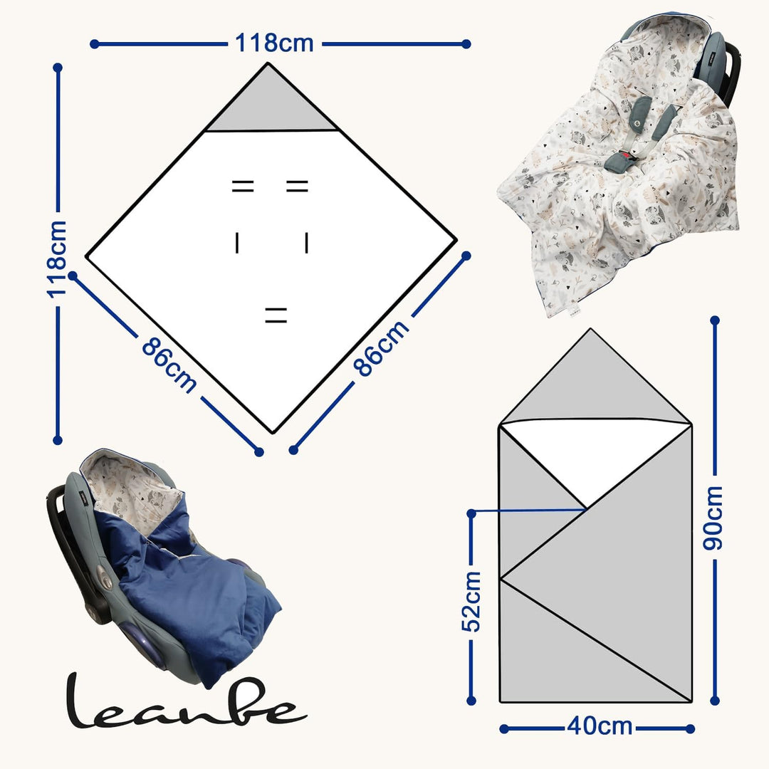 Baby Einschlagdecke Doppelseitig 86x86 cm Baumwolle-Velours für Kinderwagen und Babybett (Blau Velou