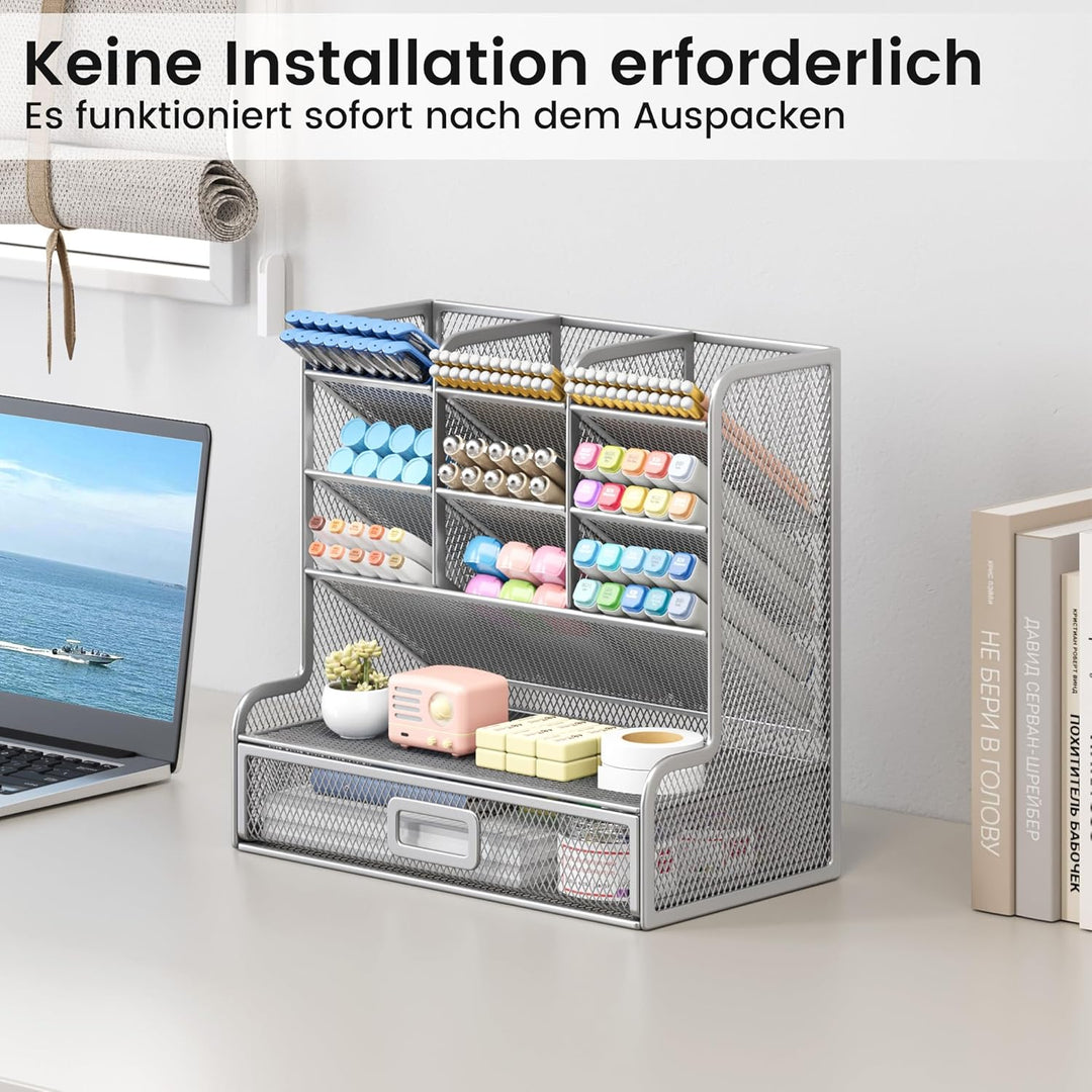 VITVITI Schreibtisch Organizer, 9 Fächer Stiftehalter mit Schublade, Netz Stifte Regal aus Metall, S