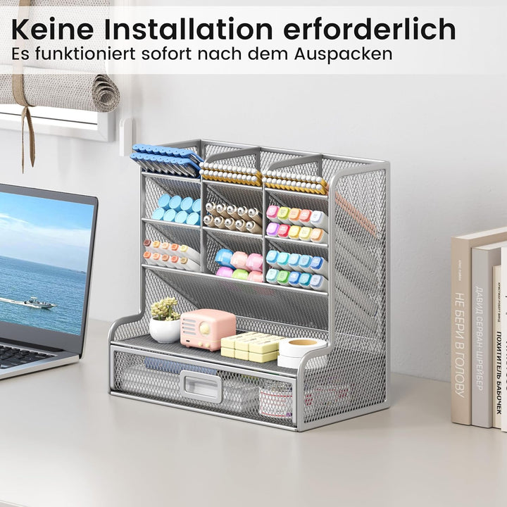 VITVITI Schreibtisch Organizer, 9 Fächer Stiftehalter mit Schublade, Netz Stifte Regal aus Metall, S
