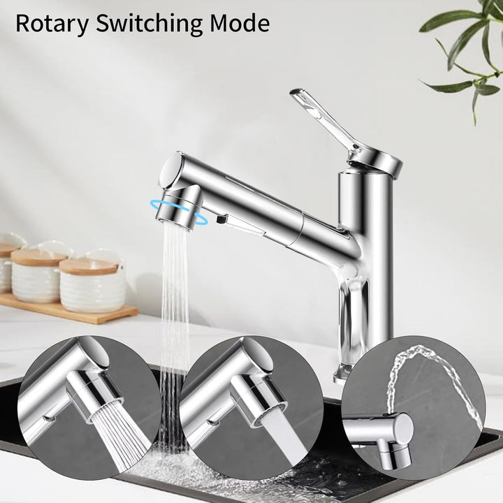 Waschtischarmatur mit Herausziehbarer Brause Wasserhahn Bad mit 3 Wasserstrahlarten Brause Kalt und