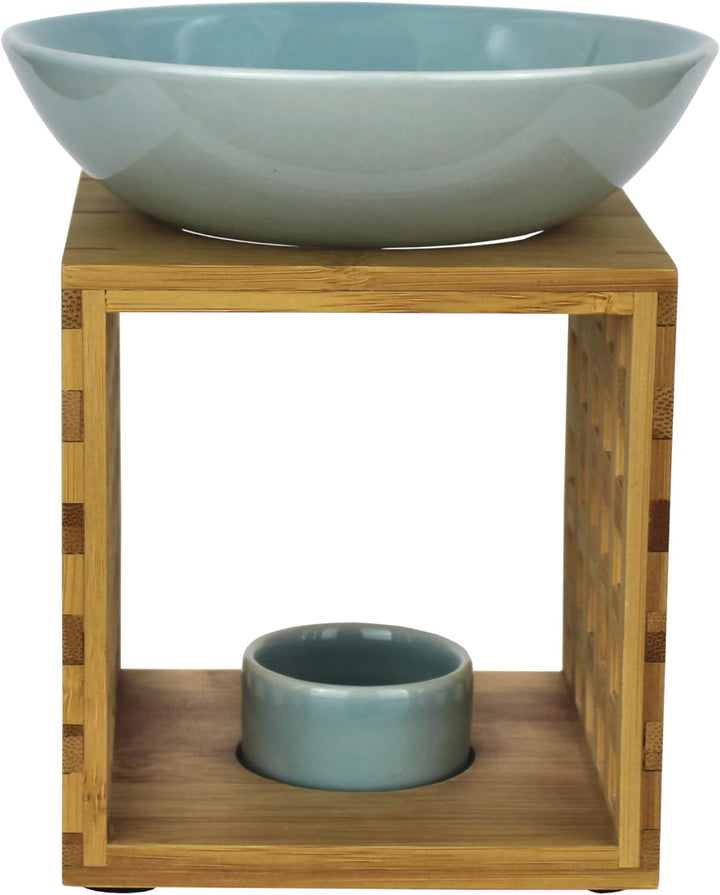 Bitto Duftlampe Riga Weissblau mit Kerze, grosse Schale, Fair Trade, Aromalampe aus Bambusholz und K