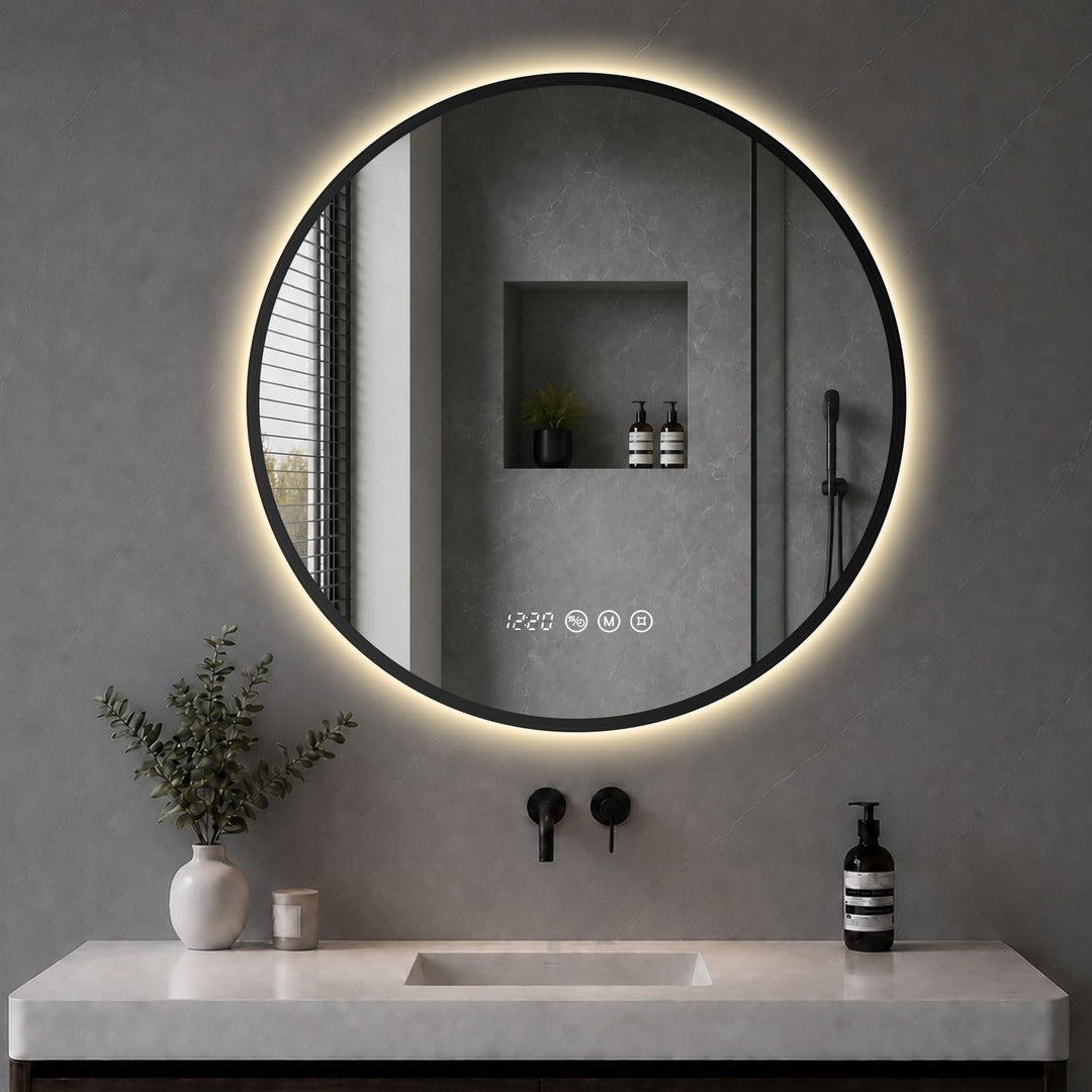 LED Badezimmerspiegel Rund Ø70 cm, Schwarzer Rahmen Schwarze Rahmenserie 70L x 70B cm, Schwarze Rahm