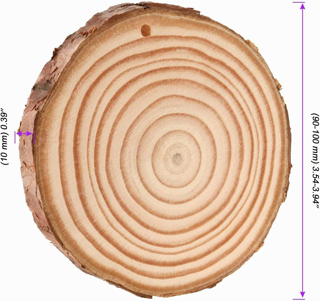50 Stück 10cm Holzscheiben mit Loch und Juteschnur, Baumscheiben Rund Klein, unlackierte Holzkreise