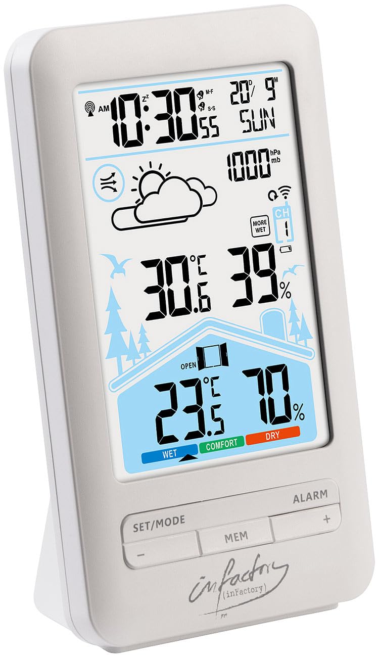 infactory Funkwecker: Funk-Wetterstation mit Aussensensor, Dual-Alarm-Wecker und Komfortindex (Uhr m