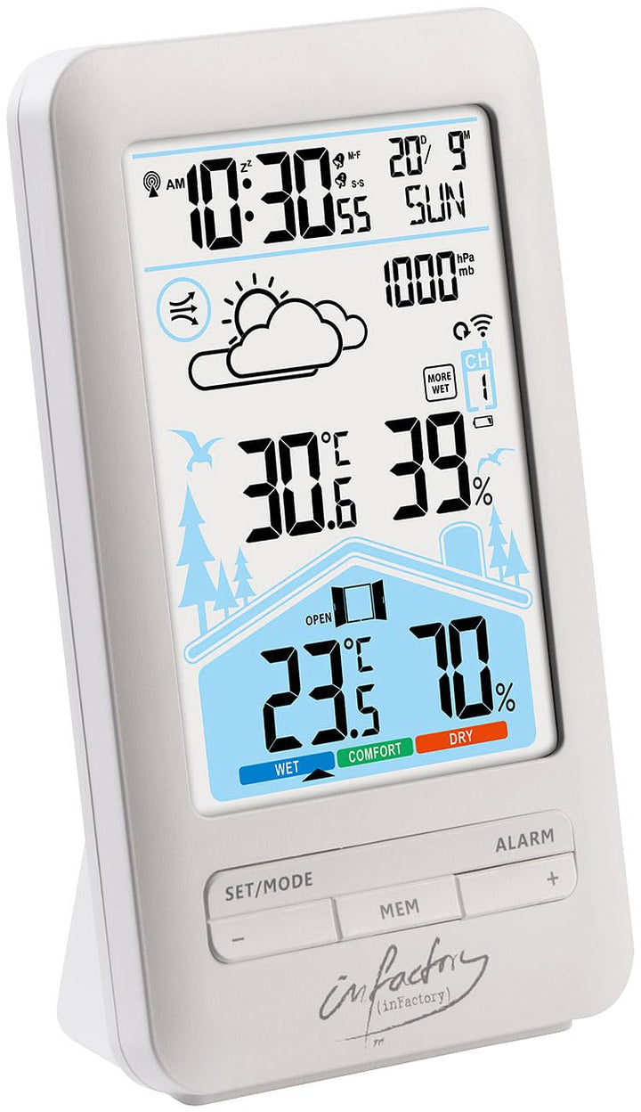 infactory Funkwecker: Funk-Wetterstation mit Aussensensor, Dual-Alarm-Wecker und Komfortindex (Uhr m